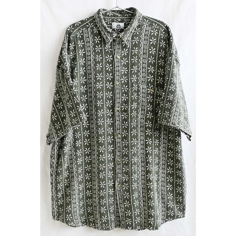 【80's belgium vintage 】"NEW FAST" Geometric pattern cotton waffle s/s shirts -XL / olive- (om-242-8)