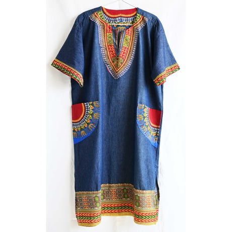 【70's vintage】"hippie" dashiki dungarees one piece/long shirts -african batik/denim- (om-242-5-1)