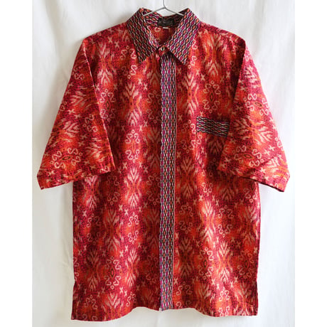 【70's vintage / SADIFA】Indonesia batik & "ikat"kasuri woven s/s shirt -XL- (om-237-2-6)