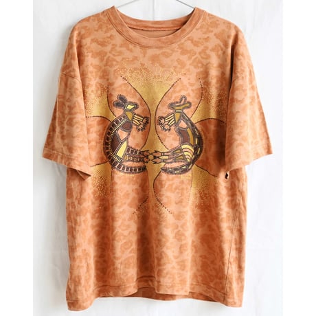 【vintage / Bulurru AUSTRALIA】"LORNI HYAND" aboriginal art leopard dye  T-shirts -M- (om-242-7-15)
