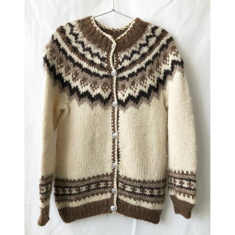 【 70's vintage/ Iceland handmade】"Hilda Ltd" wool nordic cardigan -lady's S / natural- (om-2301-20b)