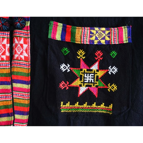 【70's  vintage / made in Thailand】"Hmong/モン族" tribal embroidery jacket -M / black- (jt-264-6-33)
