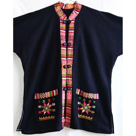 【70's  vintage / made in Thailand】"Hmong/モン族" tribal embroidery jacket -M / black- (jt-264-6-33)