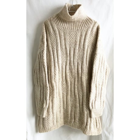 【70's vintage / Ireland hand made】turtleneck aran sweater -XL / nat- (om-2212-8c)