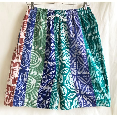 【80's vintage / handmade】crazy pattern batik easy shorts - free / multi- (om-228-20d)