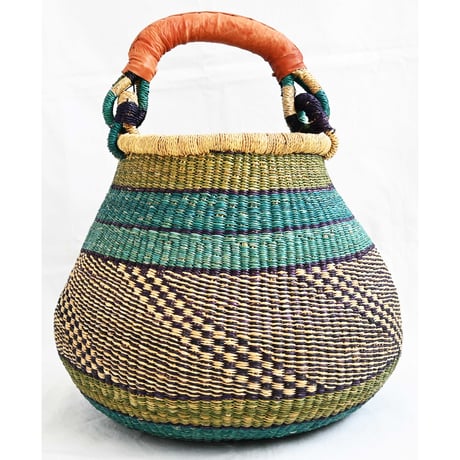 【hand made in burkina faso/ghana】big bolga-basket/burkina-basket/turquoise/38×33cm/africa (M-242-5)