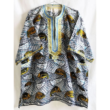 【70's vintage / african batik】"sotiba" fish dashiki s/s pullover shirts  -XL- (om-237-2-9)