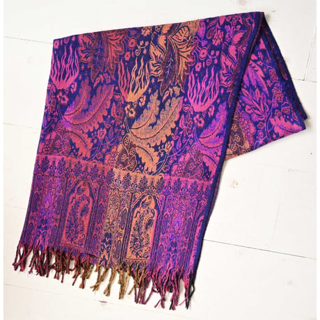【made in India】"frower & leaf" pattern knit stall  -228 × 97cm / purple base-