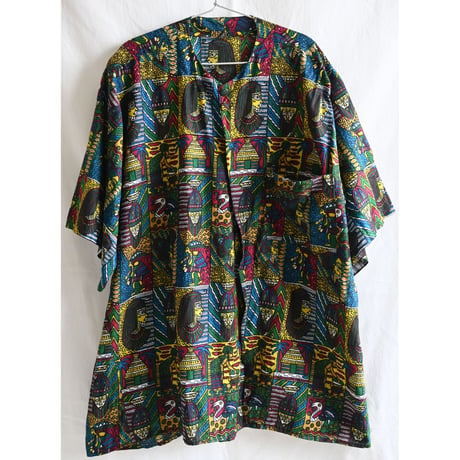 【80's Tanzania vintage/VERITABLE PRINT】"kitenge remake" afro no color shirt -XL- /jt-233-12-6