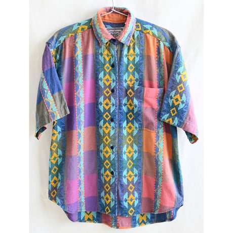 【80's Nepal vintage】"Company ONE" whole pattern weaving short sleeve shirt -S- (om-237-15-1)