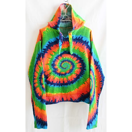 【vintage/made in Mexico】"circle rainbow tie dye" cotton mexican parka/baja shirts/rainbow/L/p-237-8b