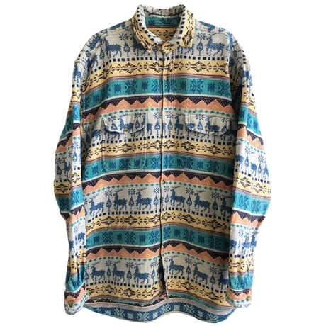 【80's euro vintage】"caribou & Flower"Jacquard l/s shirt  - XL / multi color-  (jt-218-24)