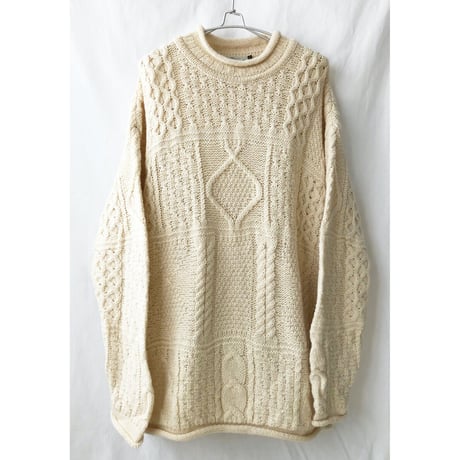 【70's vintage/Ireland hand made】"Quill's Woollen Market" aran roll neck sweater -XXL/nat-/p-2211-4e