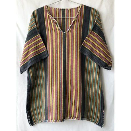 【 70's vintage/ made in Mexico】"raster stripe" no color V-neck pullover s/s shirts -M- (om-2301-3b)
