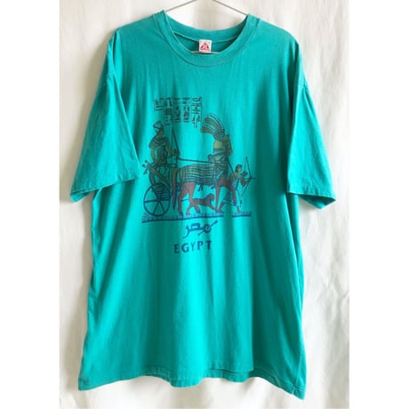 【70's vintage / made in Egypt】"ancient egypt Pharaoh" art T-shirts  -XL / emerald green- (p-223-9a)