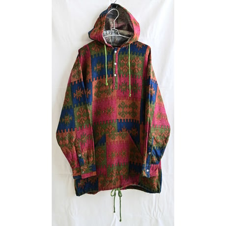 【90's vintage / Rhinoceros】native whole pattern flannel hooded parka -L- (p-237-12a)