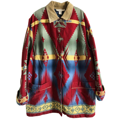 【80's vintage /JONES NEW YORK】ortega total pattern native  jacket /concho button  -XL - (jt-2110-28)