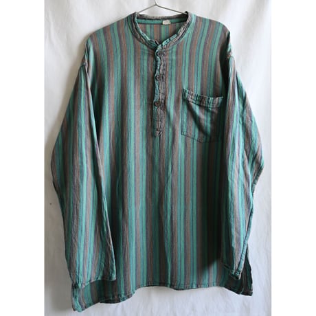 【70's vintage / Nepal made】 no color pullover henley neck shirt -L / green stripe- (jt-233-4c)