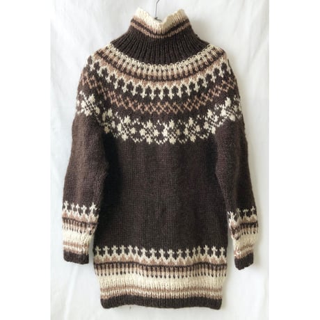 【 70's euro vintage/hand made】 turtleneck wool nordic sweater -M / brown × natural- (om-2212-6b)