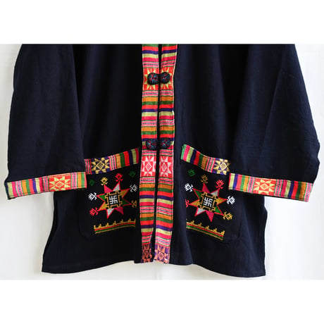 【70's  vintage / made in Thailand】"Hmong/モン族" tribal embroidery jacket -M / black- (jt-264-6-33)