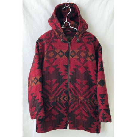 【80's vintage/made in USA】"WOOL RICH" ortega pattern hooded wool jacket -M / burgundy- (om-2212-13)