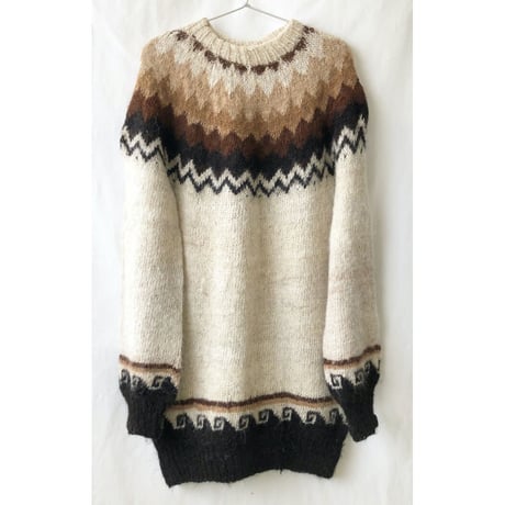 【 70's euro vintage/hand made】"wave" wool knit nordic sweater -XL / natural- (om-2301-19b)