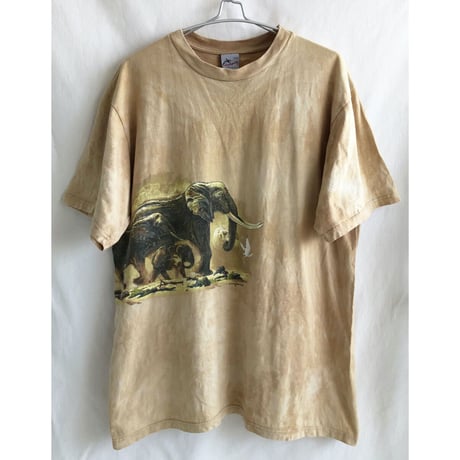 【90's USA vintage / Harlequin】"elephant" tie dye animal art T shirts - L / khaki beige- (om-225-5c)