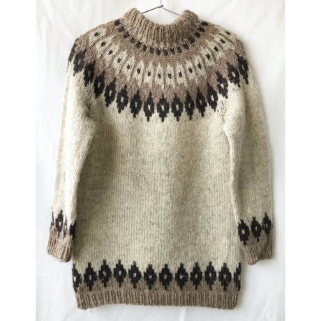 【 70's euro vintage/hand made】 wool knit nordic sweater -S / beige × brown- (om-2301-19a)