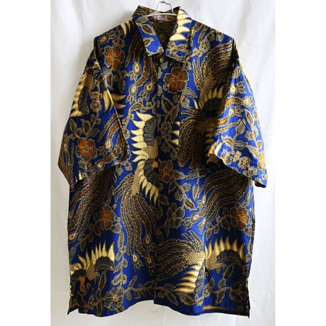 【80's vintage / bali batik】"phoenix & leaf" ethnic whole pattern s/s shirt -XL- (om-237-2-8)