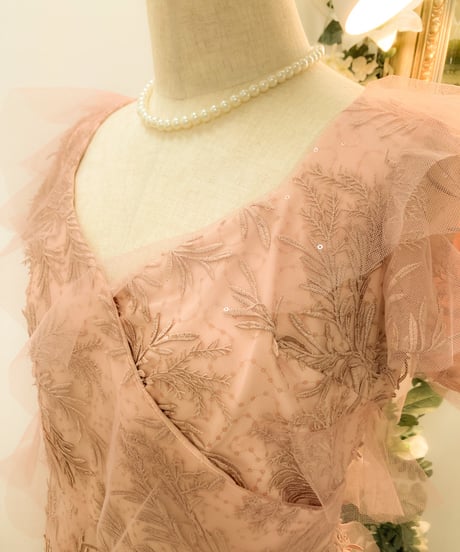 Badgley Mischka ハーフスリーブ チュールティアードドレス　ローズピンク