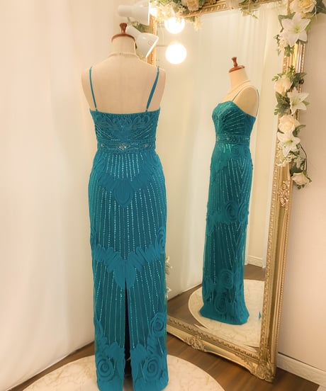 SUE WONG リボン＆ビジュー刺繍 スレンダードレス　ダークピーコック MLサイズ