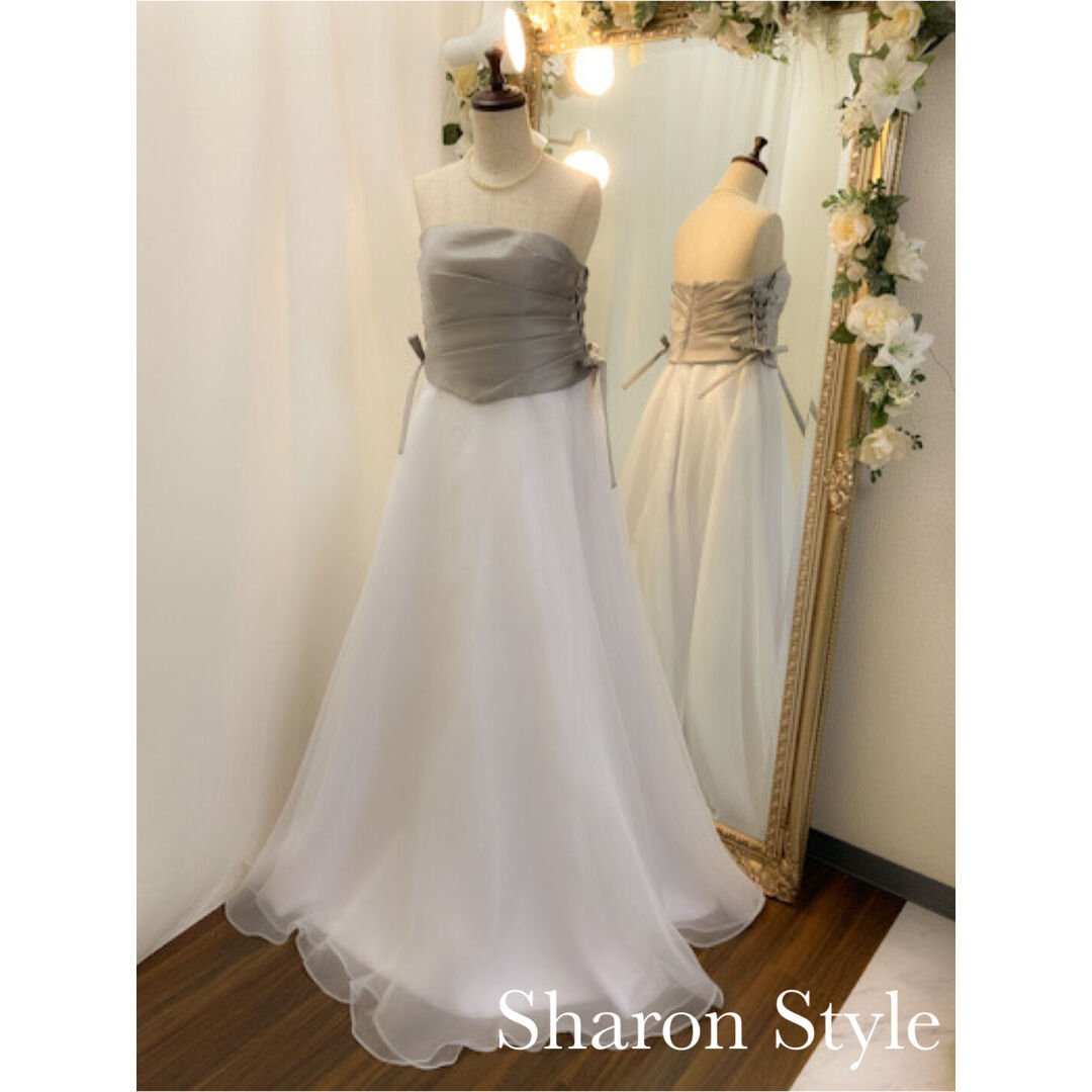 サイド編み上げバイカラードレス ホワイト×グレー | Sharon サイド編み上げバイカラードレス ホワイト×グレー | Sharon