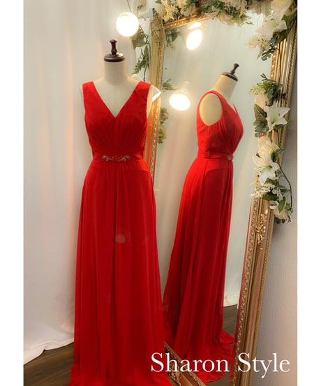 Aライン ショルダーシフォンドレス　バレンタインレッド