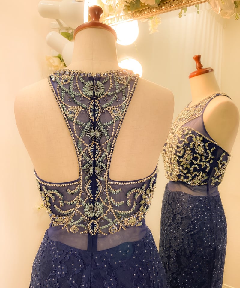 ビーディング スリーブレスマーメイドドレス ネイビー | Sharon Style