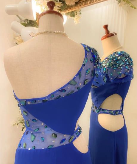 ワンショルダースリーブ シフォンドレス　ロイヤルブルー