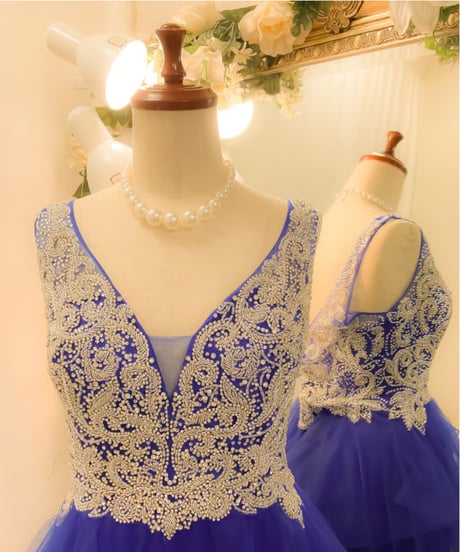 スイートハートビジュー フリルティアード ドレス　ロイヤルブルー XL,XXLサイズ
