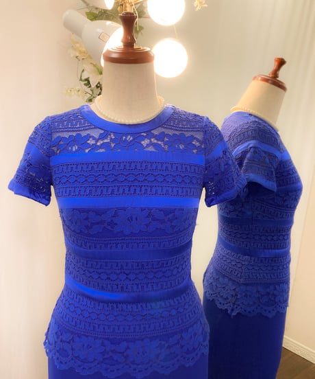 クロシェ刺繍風 ハーフスリーブドレス　ロイヤルブルー Mサイズ