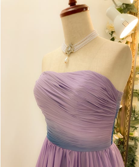 シンプルAライン シフォン グラデーションドレス　ラベンダー×ネイビー
