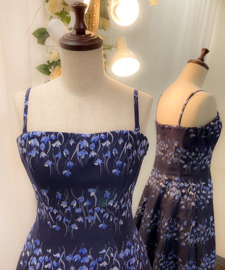 VERA WANG ストライプ風 花模様ジャカードドレス　ネイビー　MLサイズ