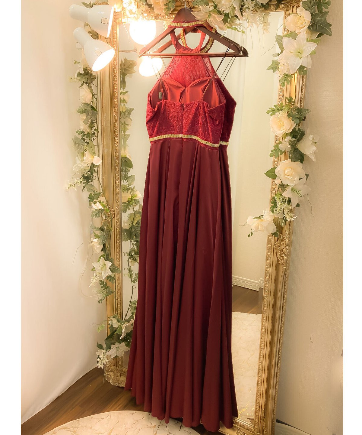 デコルテレースホルターネックドレス ワインレッド | Sharon Style