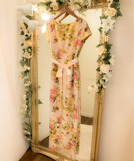 キャプスリーブ フラワープリント ウエストリボンドレス　アイボリー　MLサイズ