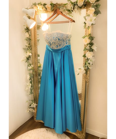 レース×サテンベアトップドレス　ターコイズブルー　Lサイズ