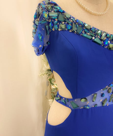 ワンショルダースリーブ シフォンドレス　ロイヤルブルー