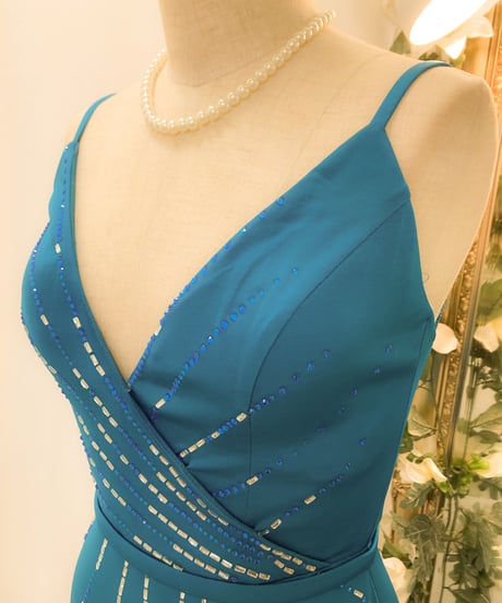 TERANI COUTURE　ストラップデザイン シンプル スレンダードレス　ティールグリーン　Mサイズ