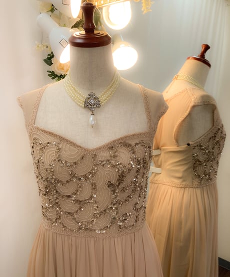 ADRIANNA PAPELL ペンタゴンネック シースルースリーブドレス　ベージュ