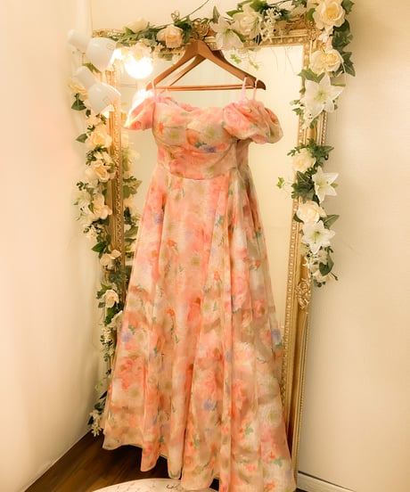 2wayスリーブ クラシカル Aラインドレス　ピンクフラワー