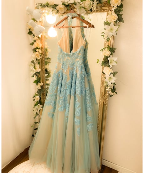 TERANI COUTURE　ホルターネック ボーツガウンドレス　ダスティブルー　Sサイズ