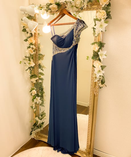 オーロラビーディング ワンショルダードレス　ミッドナイトブルー　XS-Sサイズ