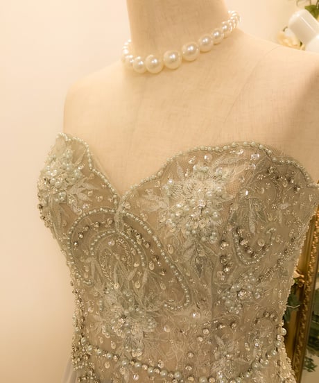 TERANI COUTURE　シフォンAライン ビーディングドレス　シルバー XLサイズ