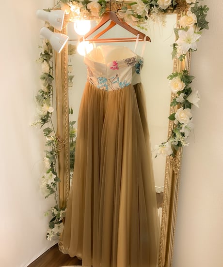 ジャカード×チュールコンビネーションドレス　モカ